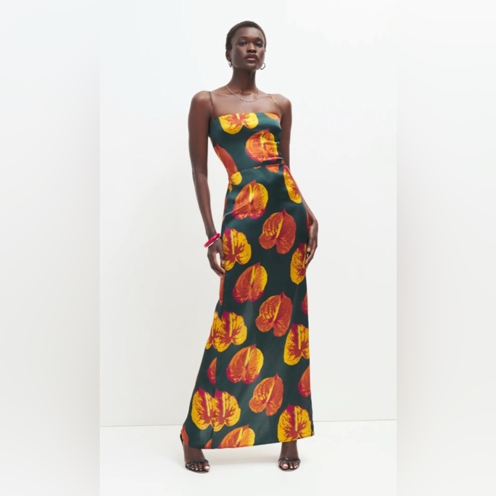 Reformation NWT Frankie Silk Dress in Daiquiri Black Orange Floral Maxi size 6